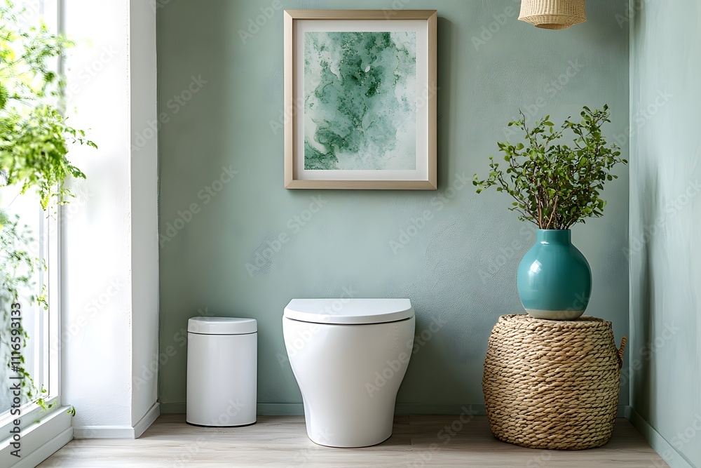 Modern Minimalist Bathroom with Wall Mounted Toilet, Greenery, and Natural Light. A Serene Space Featuring a Floating Toilet, Wicker Basket, and Contemporary Decor in Soft Green Tones. Modern Minimalist Bathroom with Wall Mounted Toilet, Greenery, and Natural Light. A Serene Space Featuring a Floating Toilet, Wicker Basket, and Contemporary Decor in Soft Green Tones.