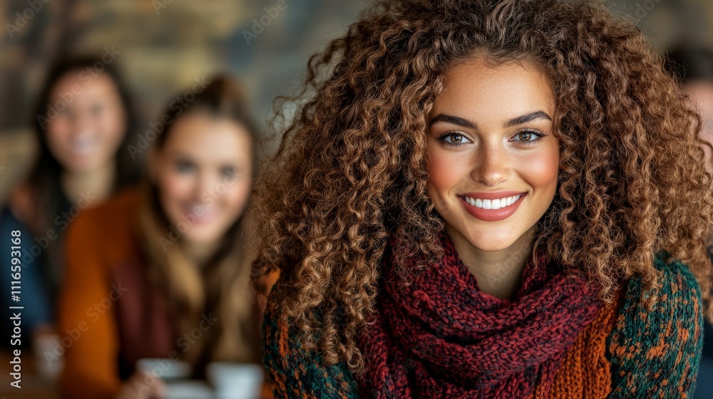Radiant Confidence: A beautiful young woman with long, curly hair radiates warmth and confidence as she smiles for the camera, surrounded by her friends in the background. Radiant Confidence: A beautiful young woman with long, curly hair radiates warmth and confidence as she smiles for the camera, surrounded by her friends in the background.