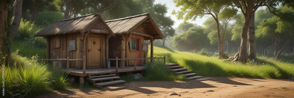 Grass ballot boxes scattered around the base of a traditional wooden hut, ballots de paille pour toit de hutte, hut, base Grass ballot boxes scattered around the base of a traditional wooden hut, ballots de paille pour toit de hutte, hut, base