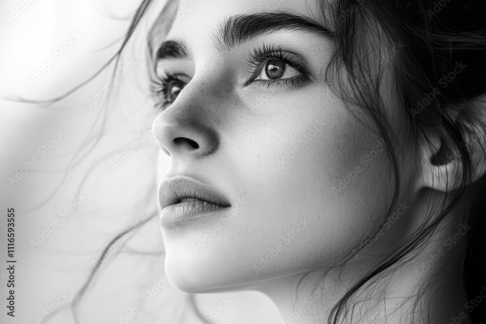 Fototapeta premium Beautiful Young Woman in Thoughtful Portrait, Gazing Left with a White Background