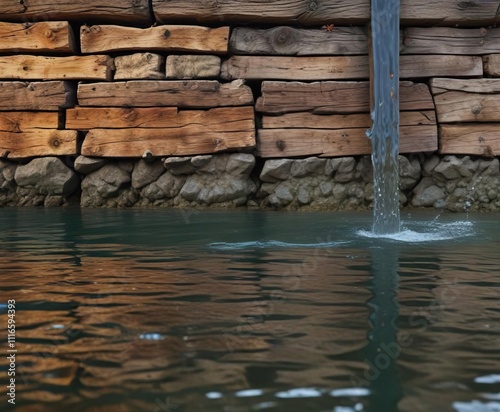 Riflesso d'acqua su bastione di legno dopo la pioggia, landscape, peaceful photo