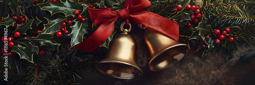 Vintage golden bells hanging on a pine branch, tied with a red ribbon. Christmas background. Can be used as a banner, postcard, for decoupage photo