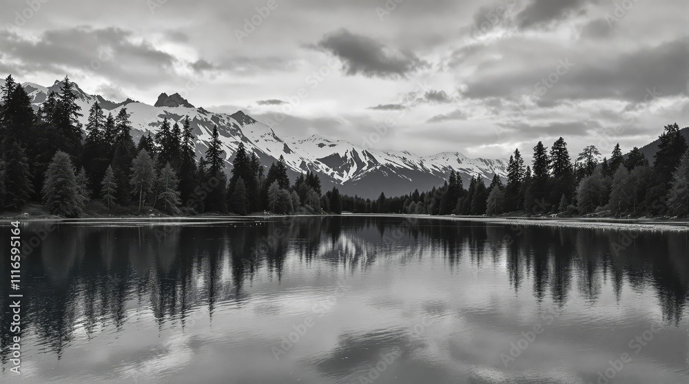 Fototapeta premium Landscape with lake Black and white reflecting snow-capped mountains and trees, under cloudy sky creating an atmosphere of solitude and peace in nature