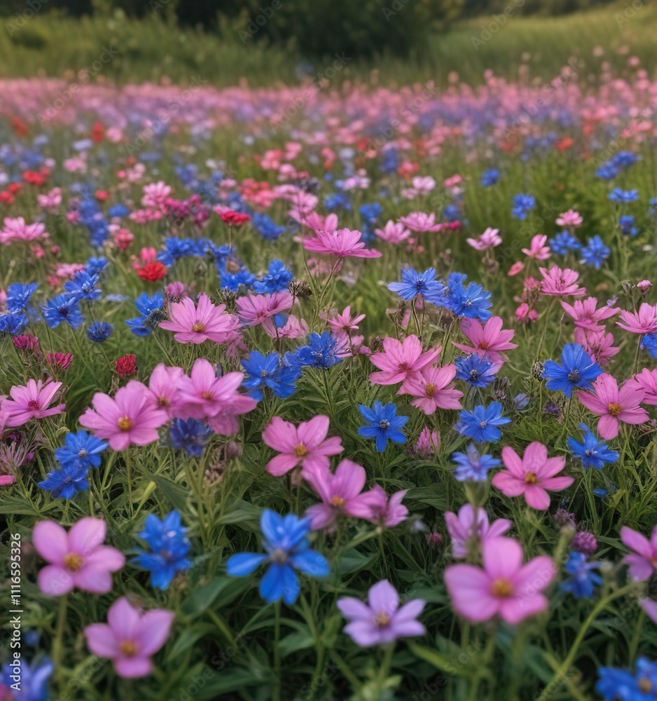 Fototapeta premium Blue and pink wildflowers blooming in a field, nature, colorful flowers
