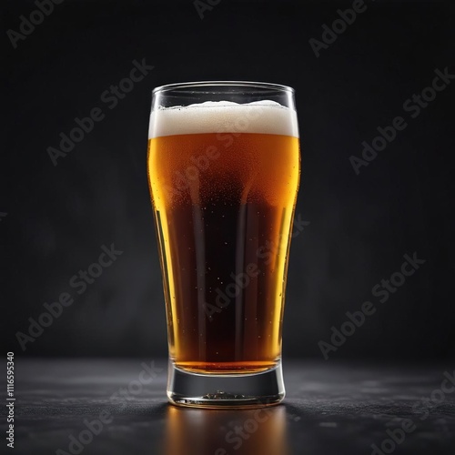Dark liquid fills a beer glass to the top on a simple black background, topping, liquid