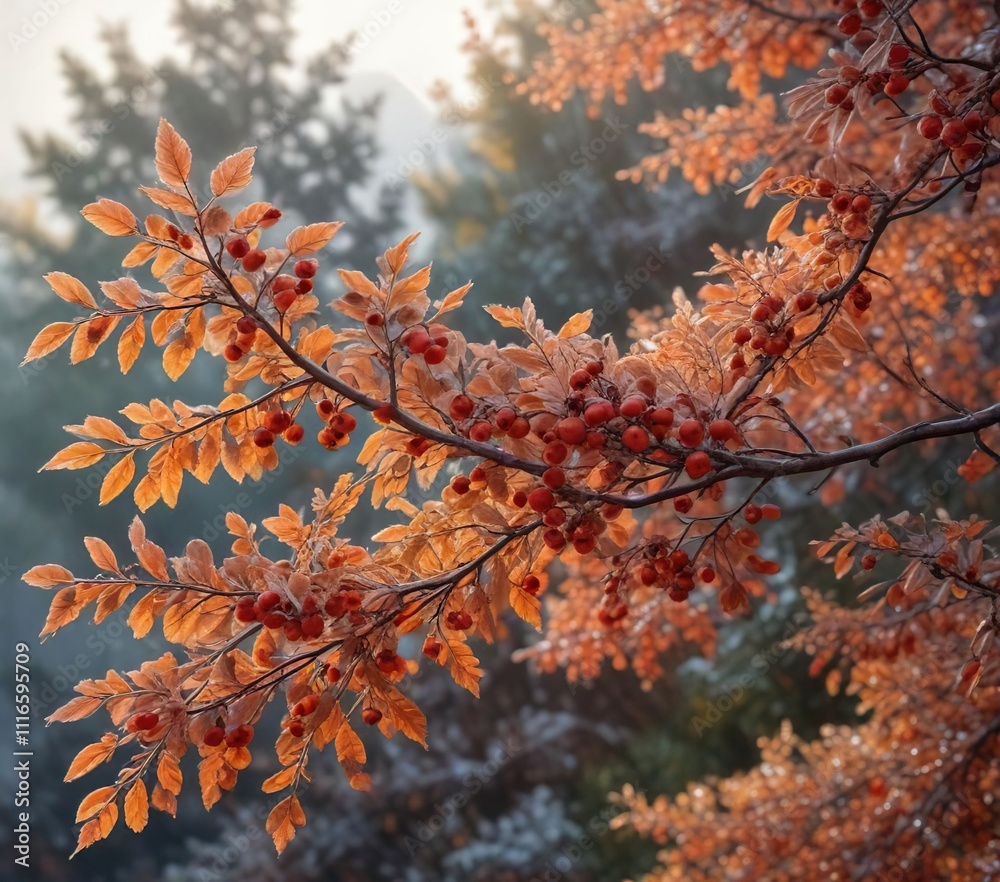 Sunny Morning Frost Covering Tree Branches with Autumn Leaves and Rose Hips, frost cover, tree branches Sunny Morning Frost Covering Tree Branches with Autumn Leaves and Rose Hips, frost cover, tree branches