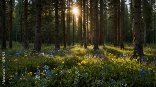 A peaceful clearing in a forest full of bloo photo