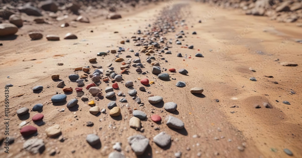 Scattered small stones on a dry, cracked dirt road, outdoor environment, textured ground, stone fragments Scattered small stones on a dry, cracked dirt road, outdoor environment, textured ground, stone fragments