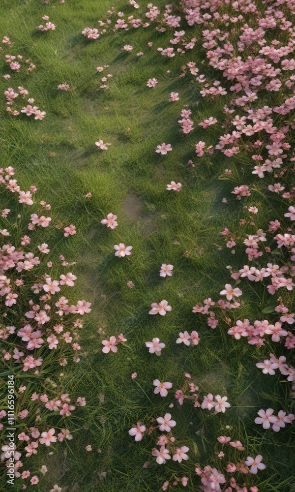 Soft pink sakura blossoms are scattered on the ground, creating a delicate pattern of colors in the grass, gentle breeze, spring flowers Soft pink sakura blossoms are scattered on the ground, creating a delicate pattern of colors in the grass, gentle breeze, spring flowers