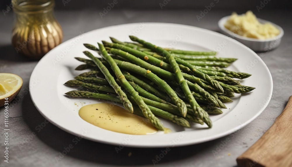 Steaming hot asparagus spears with a pat of melted butter on a white plate, green, steamed Steaming hot asparagus spears with a pat of melted butter on a white plate, green, steamed
