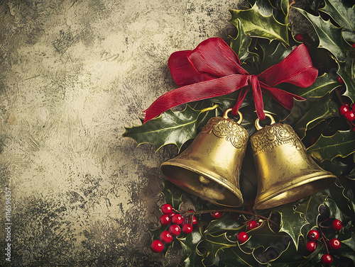 Vintage golden bells hanging on a pine branch, tied with a red ribbon. Christmas background. Can be used as a banner, postcard, for decoupage photo