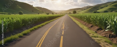 A narrow asphalt road cuts through the tall summer crops in a lush green countryside scene with rolling hills , countryside, agricultural, fields photo