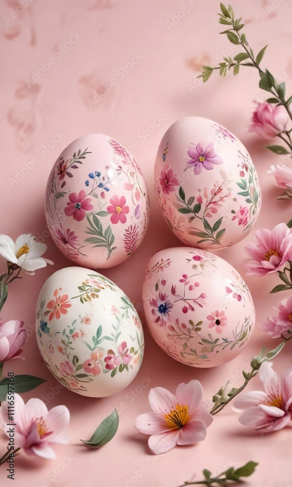 Easter eggs hand-painted with floral motifs on light pink background, spring, light pink Easter eggs hand-painted with floral motifs on light pink background, spring, light pink
