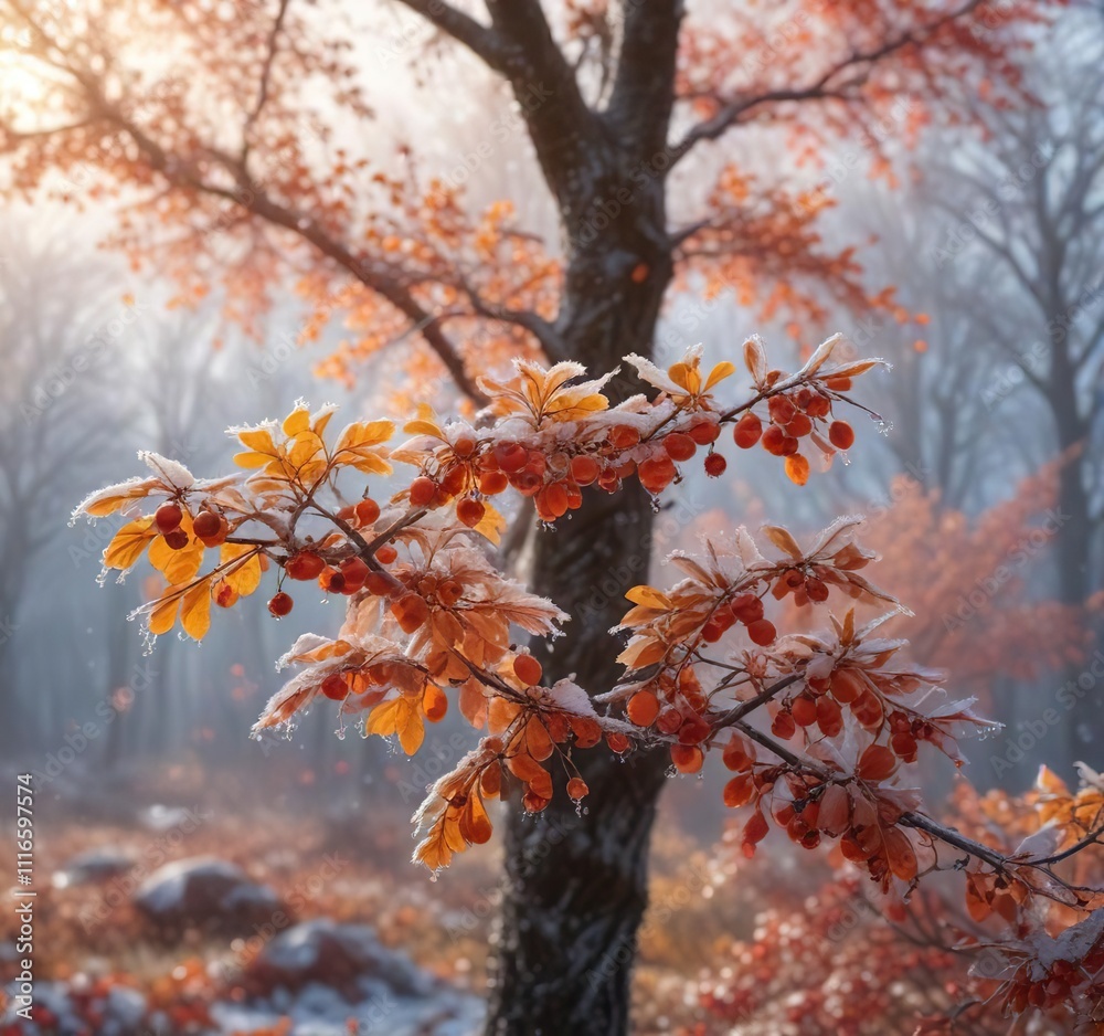 Frosty Morning with a Tree Covered in Autumn Leaves and Rose Hips in Ice Crystals, tree branches, natural scenery Frosty Morning with a Tree Covered in Autumn Leaves and Rose Hips in Ice Crystals, tree branches, natural scenery