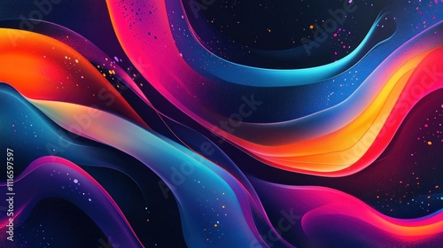 Abstract vibrant waves, cosmic swirls, glowing colors, dynamic fluid motion, dark background, bright sparkles.