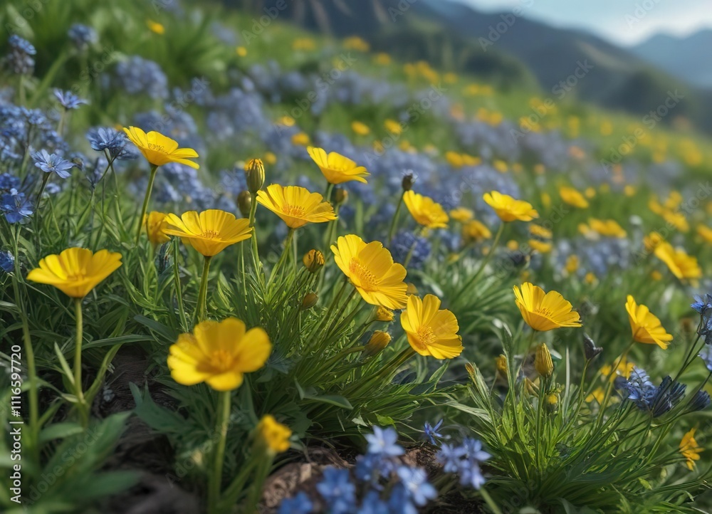 Fototapeta premium Vibrant yellow buttercups growing among delicate blue wildflowers, blooming flowers, natural scenery, buttercups