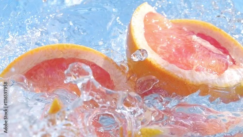 Fresh organic grapefruit slices splashing into water in slow motion 300fps photo