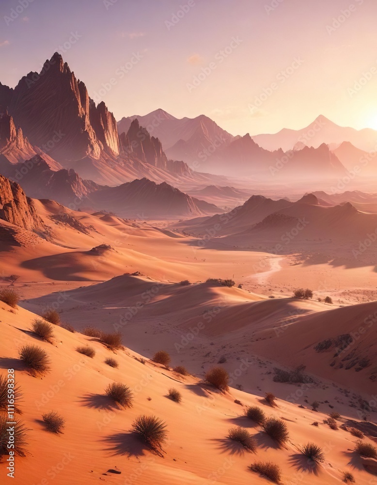 Naklejka premium Desert landscape bathed in the soft light of sunrise over mountains, Arizona desert, gentle shadows