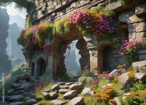 Ancient ruin with a broken crack in the wall covered in colorful flowering plants and moss , flowering plants, ruin, ancient