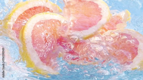 Fresh organic grapefruit slices splashing into water in slow motion 300fps