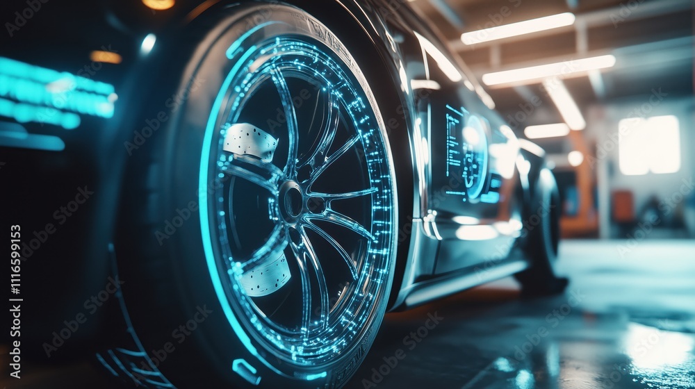 Futuristic neon lit car wheel in urban setting Futuristic neon lit car wheel in urban setting