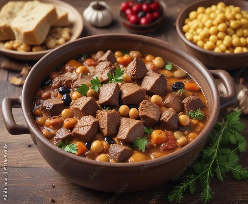 Hearty and aromatic lamb stew with chickpeas and prunes , aromatic spices, stews and soups