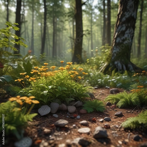 Musli plant in a forest environment with forest floor foliage , wildflowers, forest floor, wilderness photography