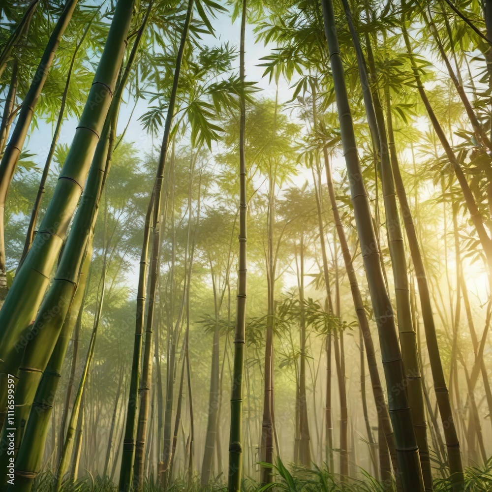 Obraz premium Bamboo stalks swaying in the gentle breeze under bright sunlight, sunlight filtering, sunbeams