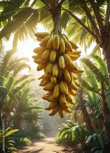 Wallpaper Mural A bunch of bananas hanging from the branches of a banana tree with morning sunlight filtering through , fruit, bananas, branch Torontodigital.ca
