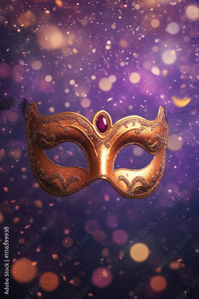 Vibrant Carnival Celebration Flyer Featuring Realistic Party Masks Against a Purple Bokeh Background Vibrant Carnival Celebration Flyer Featuring Realistic Party Masks Against a Purple Bokeh Background
