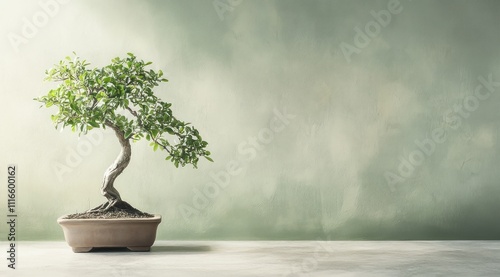 Un bonsaï devant le mur vert minimaliste d'une pièce vide avec lumière naturelle traversante et des ombres douces, image avec espace pour texte.