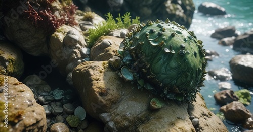 Large green barnacle attached to a submerged rock, algae, seaweed photo