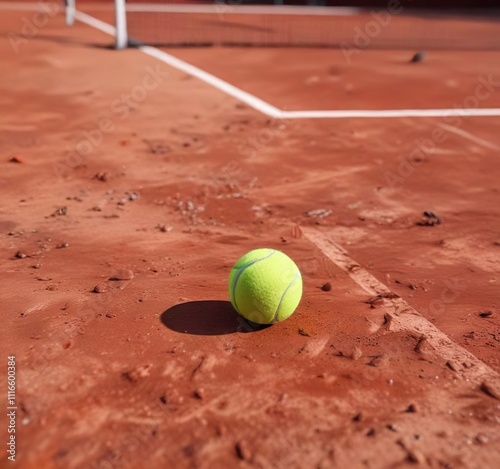 Tennis ball partially hidden by the edge of a red clay tennis court, shadow, ground level photo