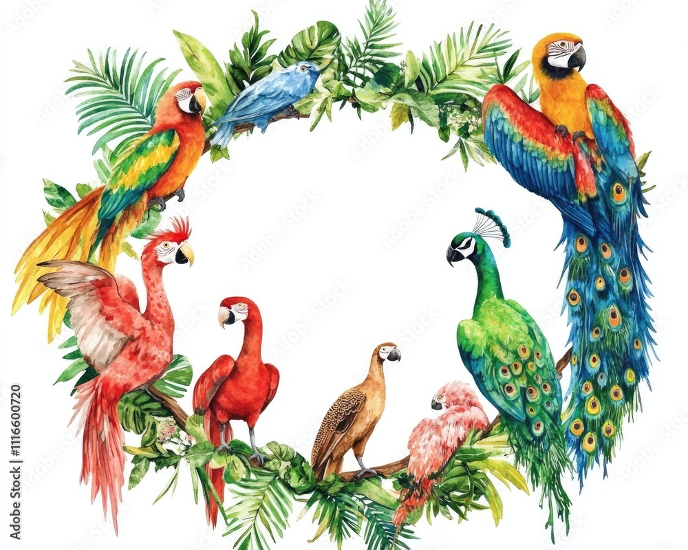 Fototapeta premium Watercolor Wreath Frame Celebrating Animal Day with Exotic Birds and Wildlife