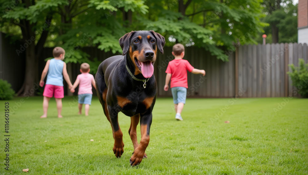 Happy moments with a playful dog and children in a sunny backyard during the afternoon Happy moments with a playful dog and children in a sunny backyard during the afternoon
