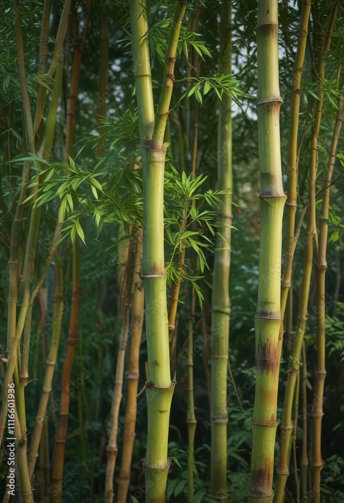 Fototapeta premium Bamboo culms and stems intertwined with vines, greenery, foliage