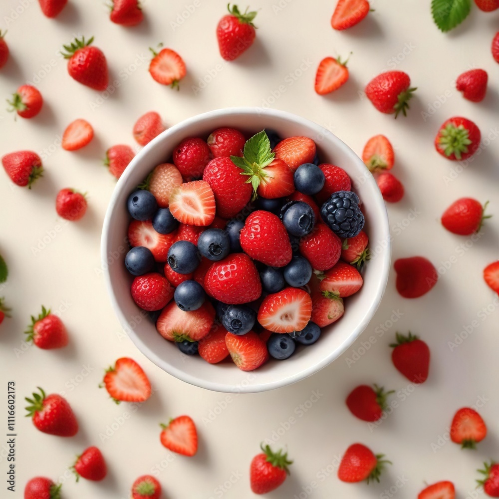 Fresh berries including strawberries and raspberries arranged in a small bowl against a soft cream colored background, fruit arrangement, home decor Fresh berries including strawberries and raspberries arranged in a small bowl against a soft cream colored background, fruit arrangement, home decor