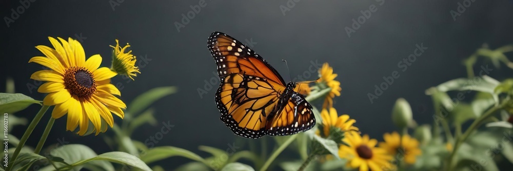 Obraz premium A monarch butterfly sipping nectar from the long, tube-shaped flower of a helianthus , nature, bloom