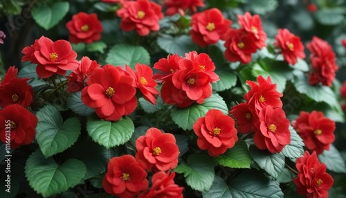 Lush green Begonia leaves with vibrant red flowers blooming in the background, begonia, lush green