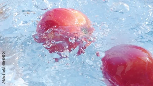 Fresh organic apples splashing into water in slow motion 300fps photo