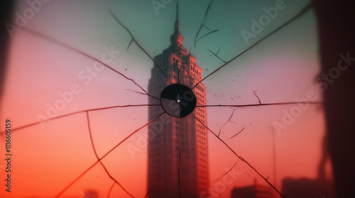 surreal view of tall building through cracked glass, with vibrant red and green gradient sky creating dramatic atmosphere
