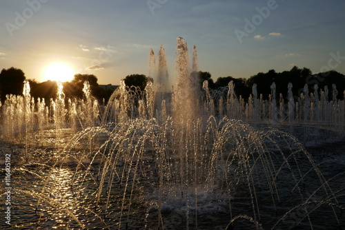 water fontain at the sunset