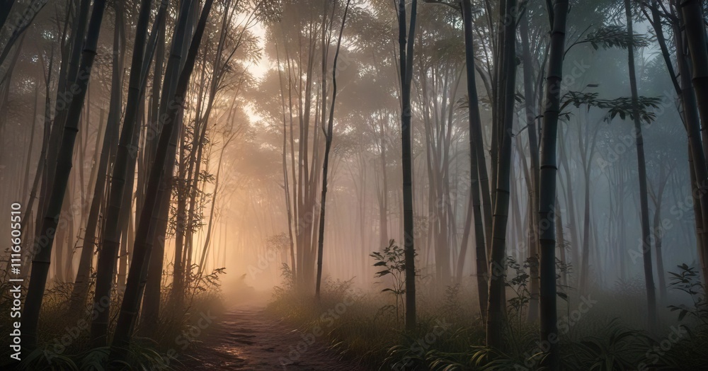 Obraz premium A sense of stillness pervades a misty bamboo grove at dawn, misty atmosphere, natural beauty
