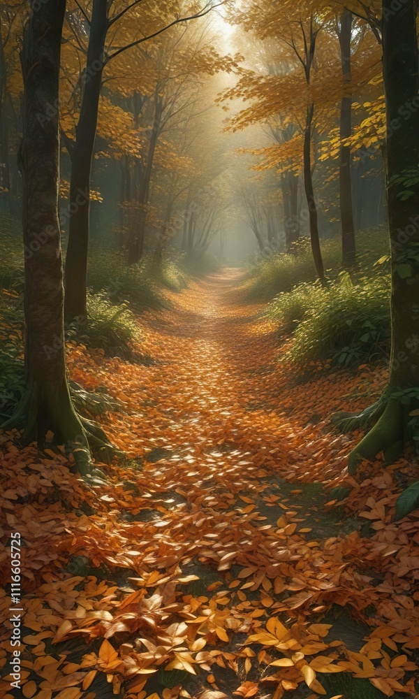 Obraz premium A blanket of fallen leaves in shades of gold and amber stretching out towards the viewer across a dense thicket of dark green foliage , autumn leaves, forest, foliage