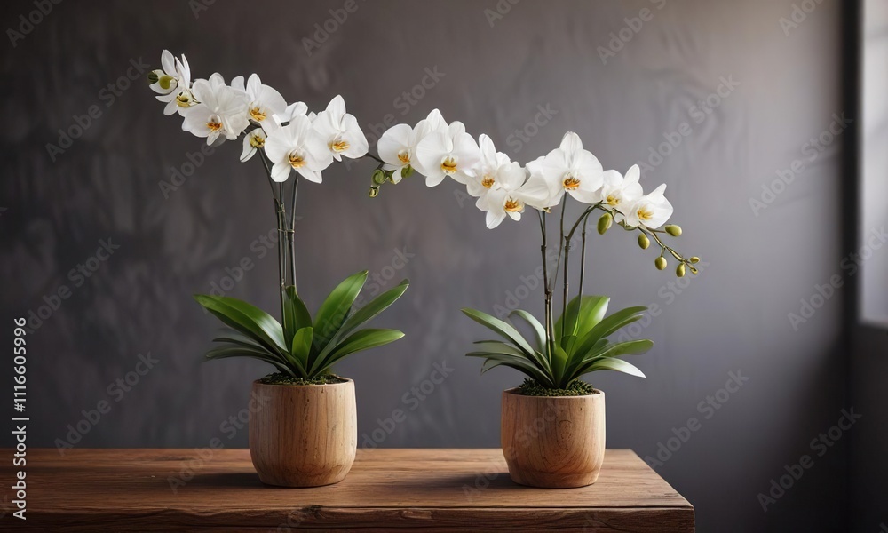 custom made wallpaper toronto digitalSingle white orchid stem on a wooden pedestal, plant displays, orchid arrangements, botanical centerpieces