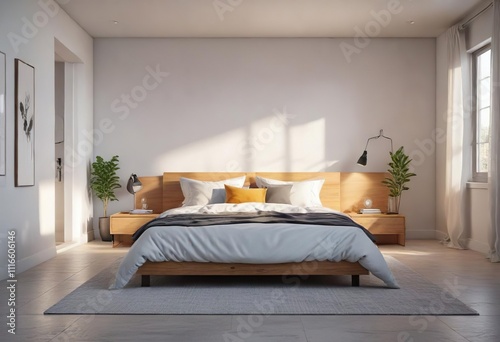 A minimalist bedroom with a simple bed and natural light , serene, simplicity
