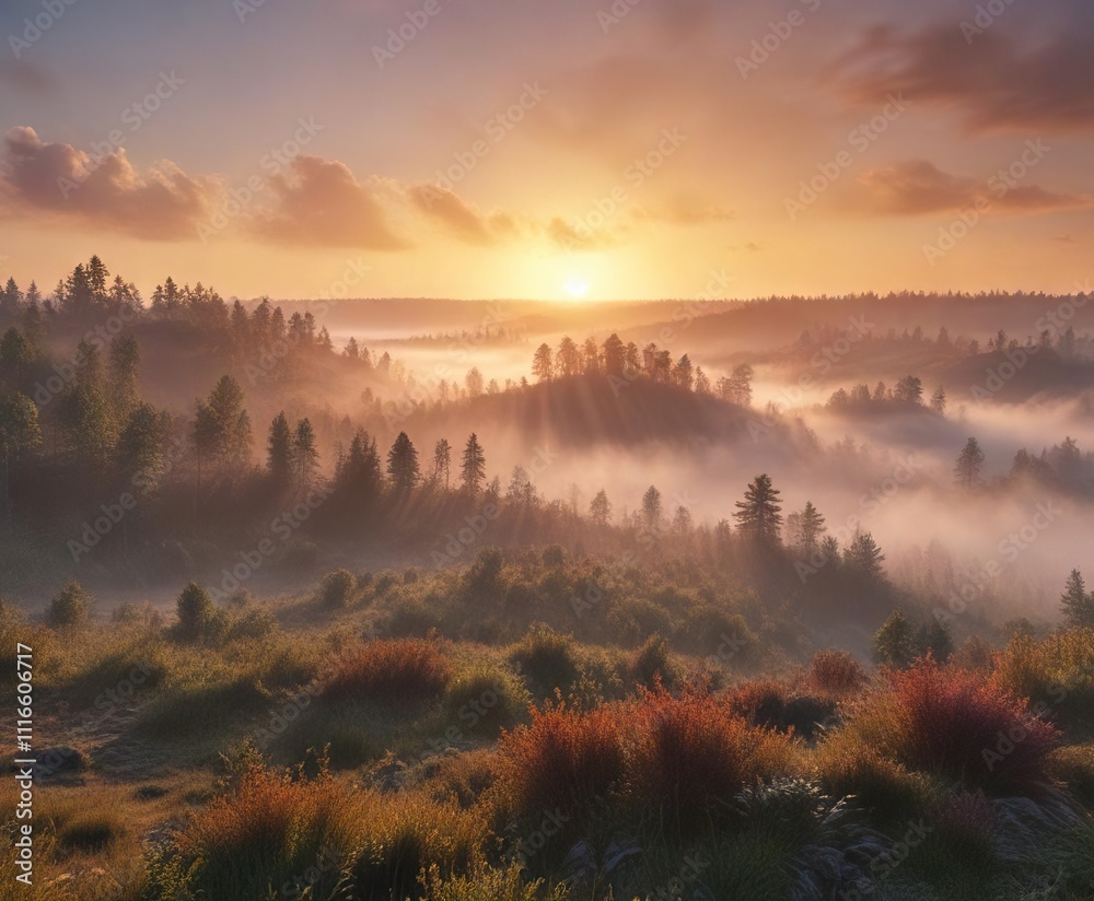 Obraz premium Sunrise over Belarusian forest with mist rising from the ground, scenery, forest landscape