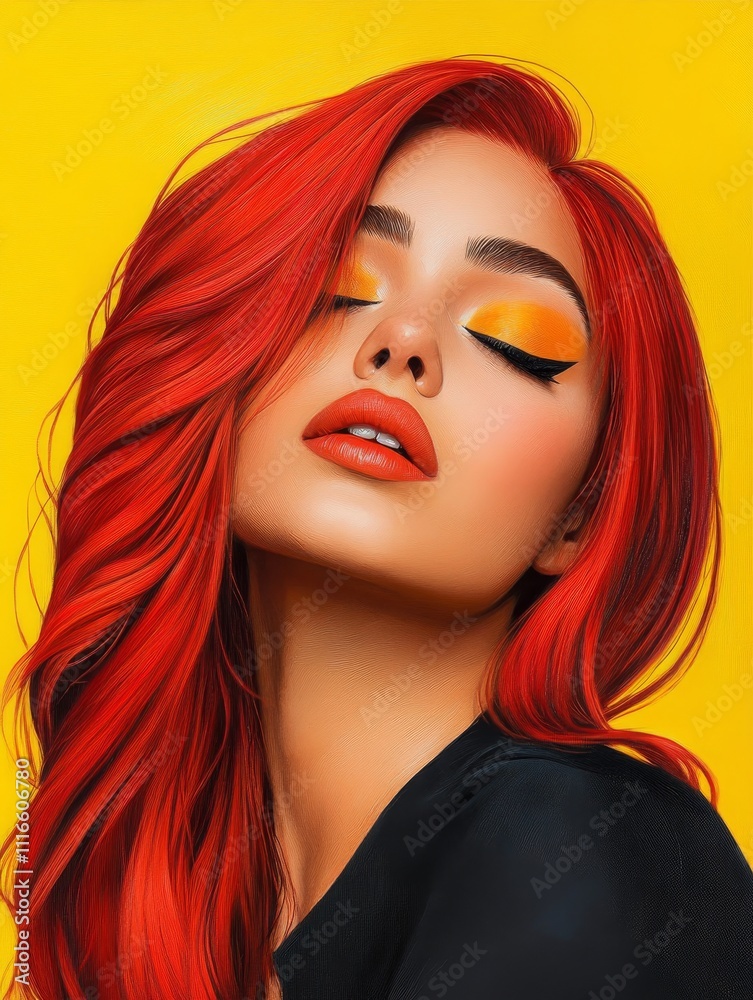 Obraz premium Vibrant Beauty with Striking Red Hair - A stunning portrait of a woman with vibrant red hair and bold makeup, set against a bright yellow background.