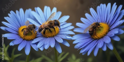 A male bee performs a complex dance to woo a female on the side of a blue daisy flower, with intricate movements , wildlife photography, bee courtship, entwined