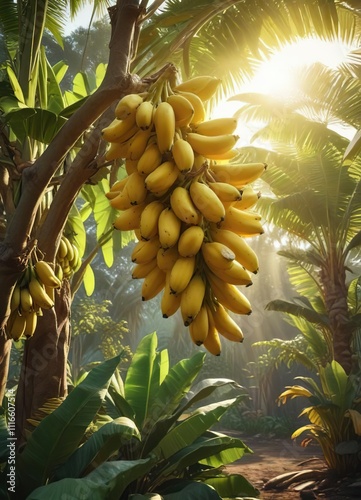 A bunch of bananas hanging from the branches of a banana tree with morning sunlight filtering through , banana tree, foliage